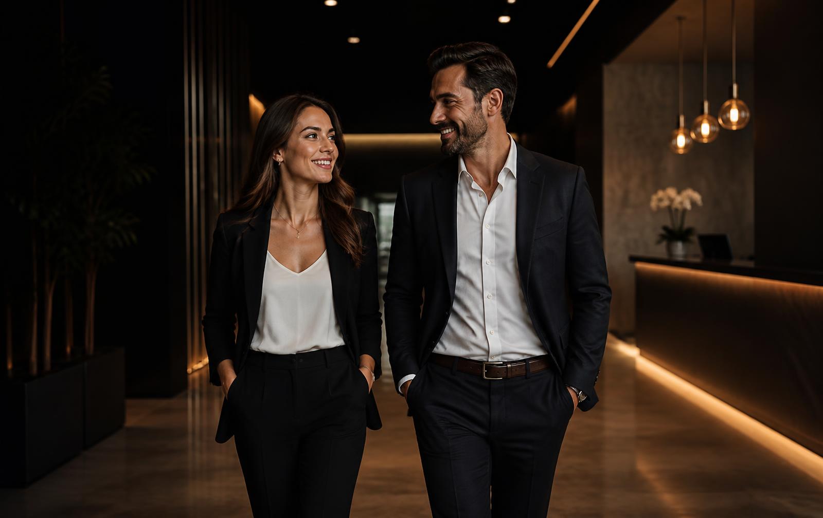 Casal empreendedor caminhando lado a lado em um ambiente corporativo moderno